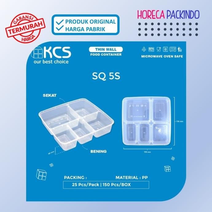 Thinwall Square Sekat 5 (Dus) + Tutup Datar / Bento Plastik Kcs Original