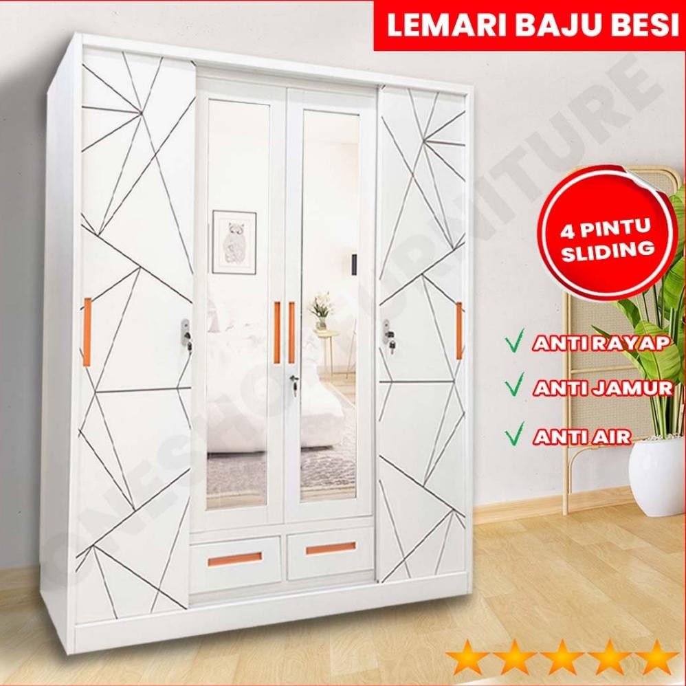 Lemari Baju Pakaian Besi 4 Pintu  Sliding Jumbo