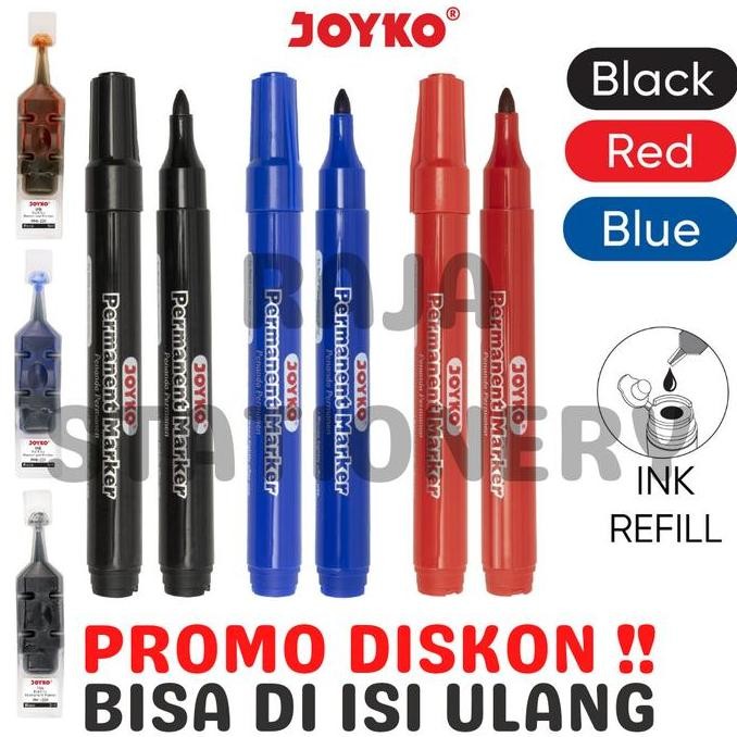 

Ready JOYKO PERMANENT MARKER BLACK BLUE RED REFILLABLE SPIDOL PERMANEN JOYKO HITAM BIRU MERAH BISA DI ISI ULANG BOX LUSIN [12PCS]