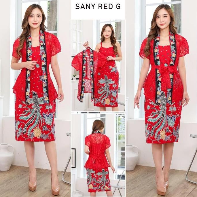 Promo Evercloth Sany Red G Kebaya Batik Dress Wanita Batik Couple Modern Dress Batik Modern Gaun Pes