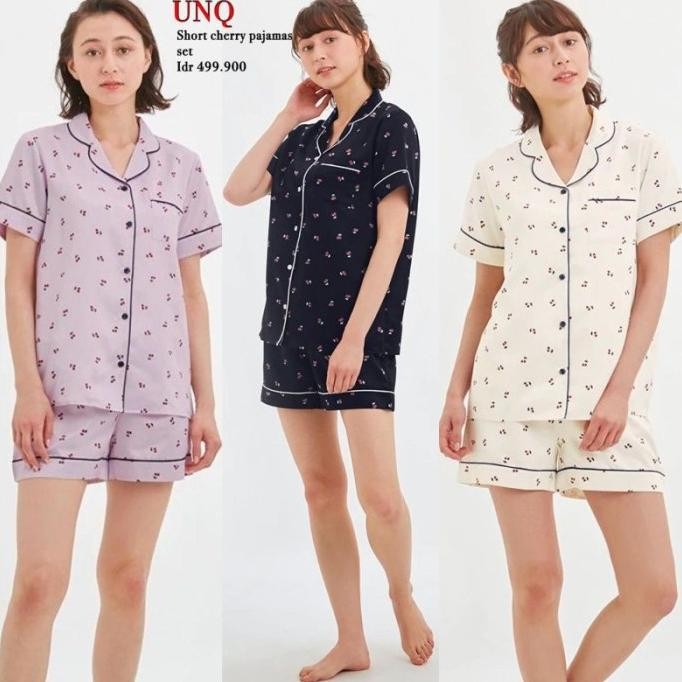 NEW PRODUK SET PIYAMA GU BY UNIQLO SATIN PAJAMAS MOTIF CHERRY 