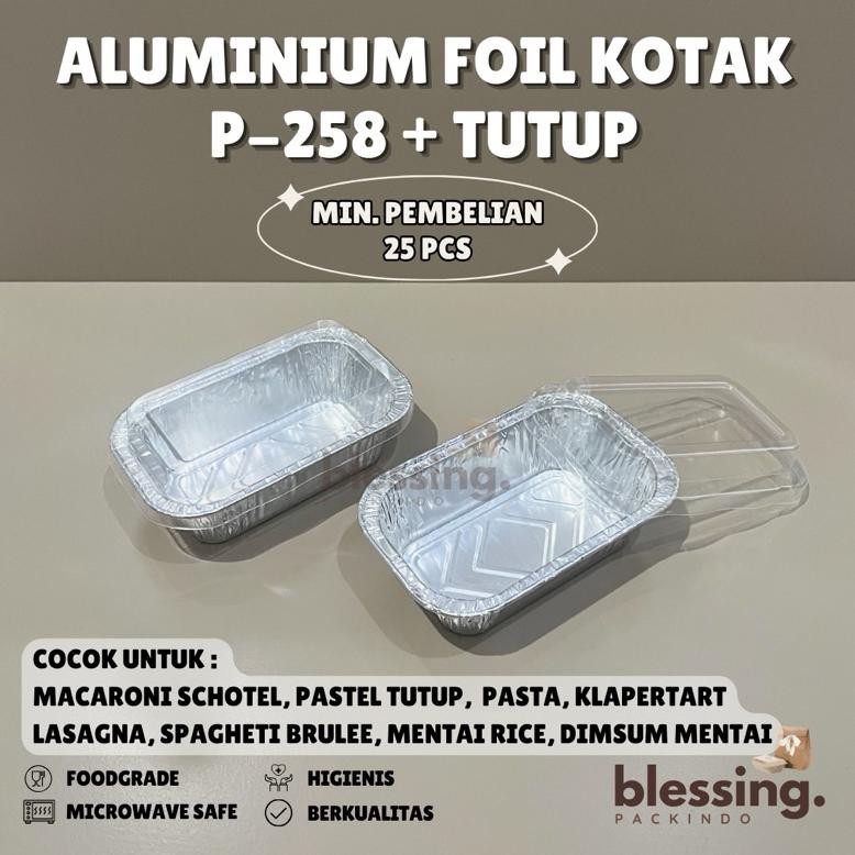 Bisa Cod Aluminium Foil Kotak + Tutup P-258 Tempat Dimsum Mentai Rice Macaroni Schotel Pastel Tutup 