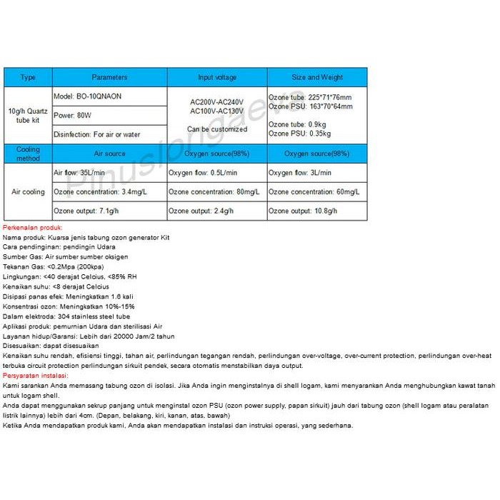 220V 10G Ozone Generator Tube Water Adjustable Purifier Double Cooling