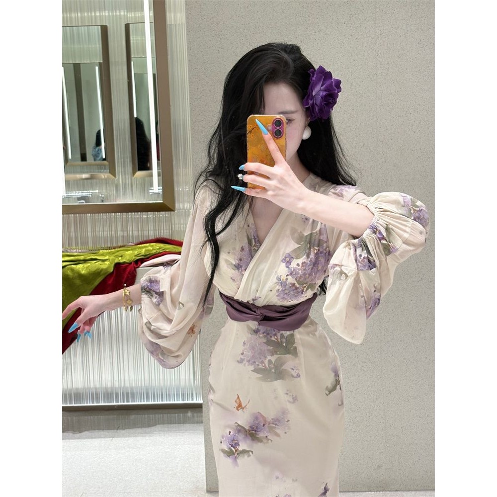 Gaun Pelangsing Wanita Lengan Panjang, Baju Pelangsing Wanita, Gaun Lengan Panjang, Motif Bunga Chin