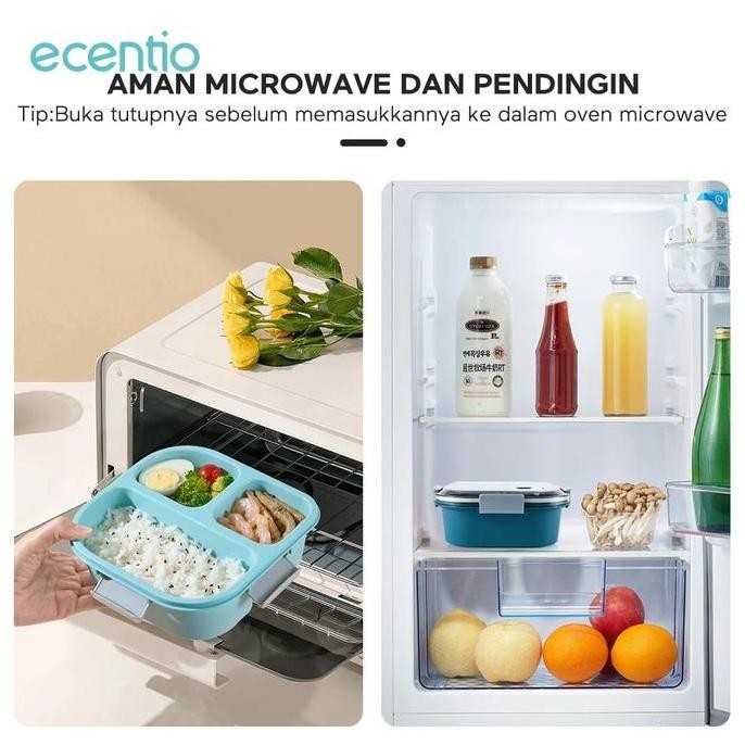 Ecentio Kotak Makan Lunch Box 3 Grid Bekal Makanan 1100Ml Asli