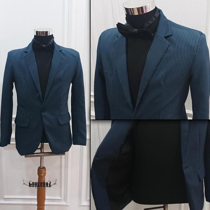 jas blazer pria keren slimfit biru navy kotak kotak casual formal murah