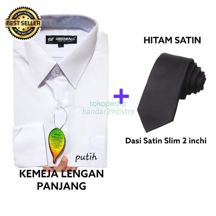 Set Kemeja Pria Putih Polos dan Dasi Polos Satin Slim 2inchi Hitam murah