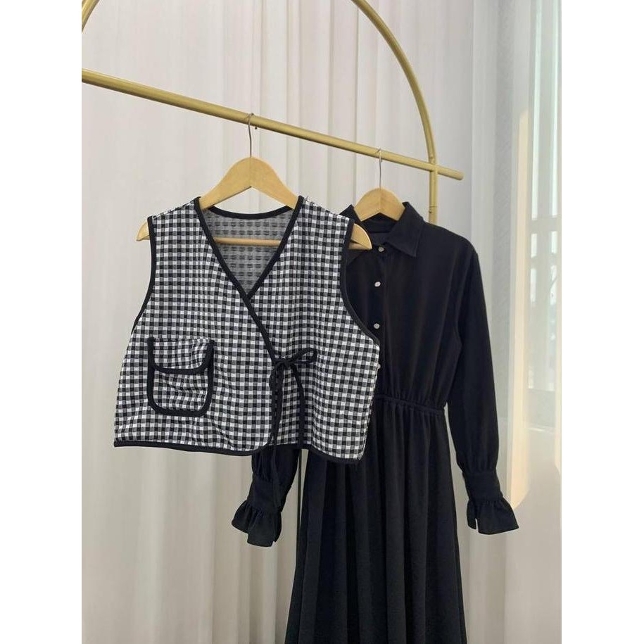 READY STOCK Yoona Dress Gamis Wanita Muslimah Jumbo Overall 2 in 1 Vest Gingham Rompi Motif Kotak al