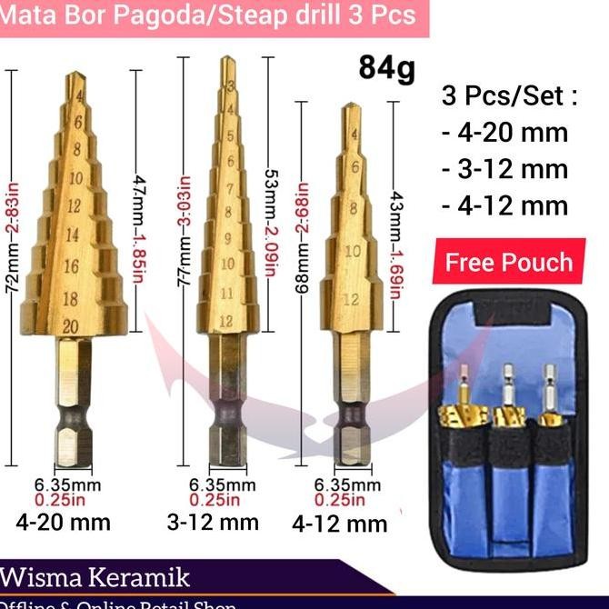 Mata bor pagoda spiral hss step drill set isi 3 pcs std TERBAIK
