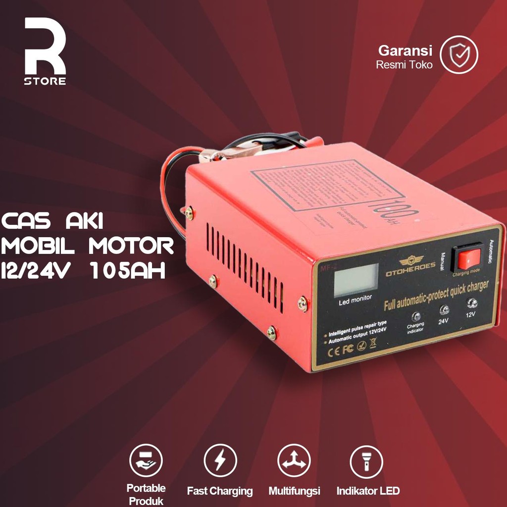 Cas Aki Mobil 105 Amper 12 dan 24 Volt Otomatis Charger Battery Auto On Off Digital Alat Cas Aki Bas
