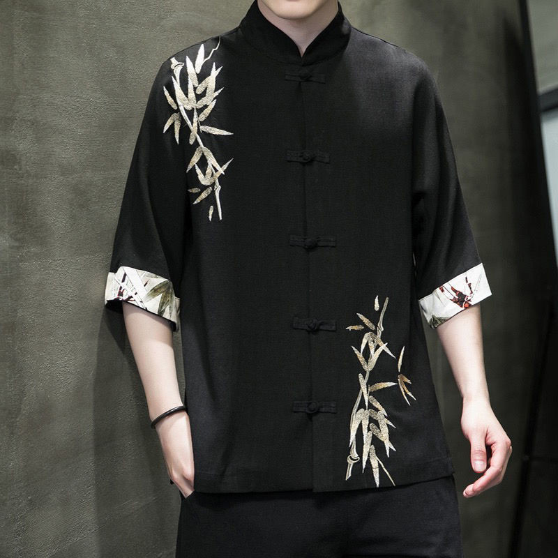 Hanfu Bordir Pria Gaya China/Setelan Zhongshan/Pakaian Tradisional Tiongkok/Kemeja