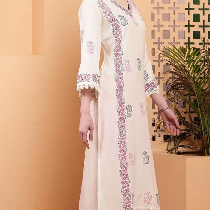 || MONICA / Laqueens Bhuja off white kurta India Pakistan single wanita putih pink kurti harian tuni