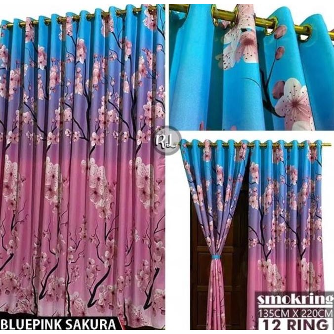 GORDEN SMOKRING GORDEN JENDELA GORDEN PINTU MOTIF BUNGA BLUE PINK SAKURA Tali Tali Asli
