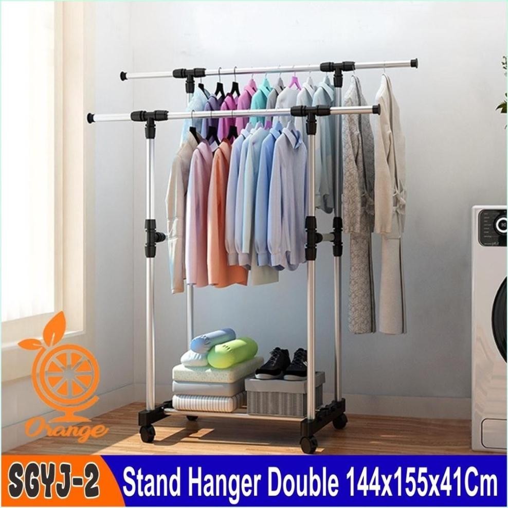 Stand Hanger Baju Single dan Double Gantungan Berdiri Rak Serbaguna Dengan 4 Roda