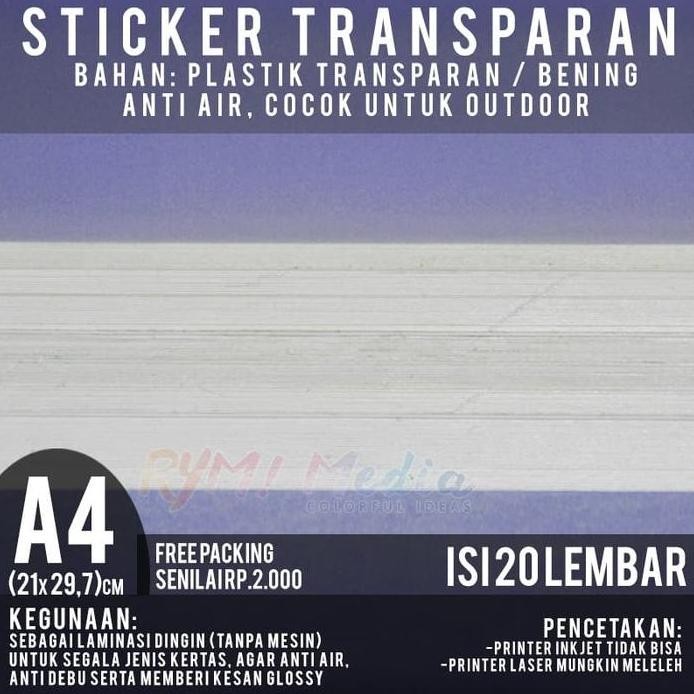 

ready Kertas Stiker Transparan A4 isi 20 lbr / Sticker Transparant Laminasi