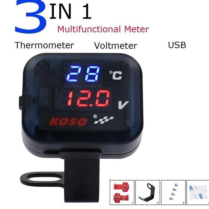 VOLTMETER KOSO 3 IN 1 USB CHARGER UNIVERSAL SEMUA MOTOR ANTI AIR ORIGINAL TERMOMETER DIGITAL JAM SUH