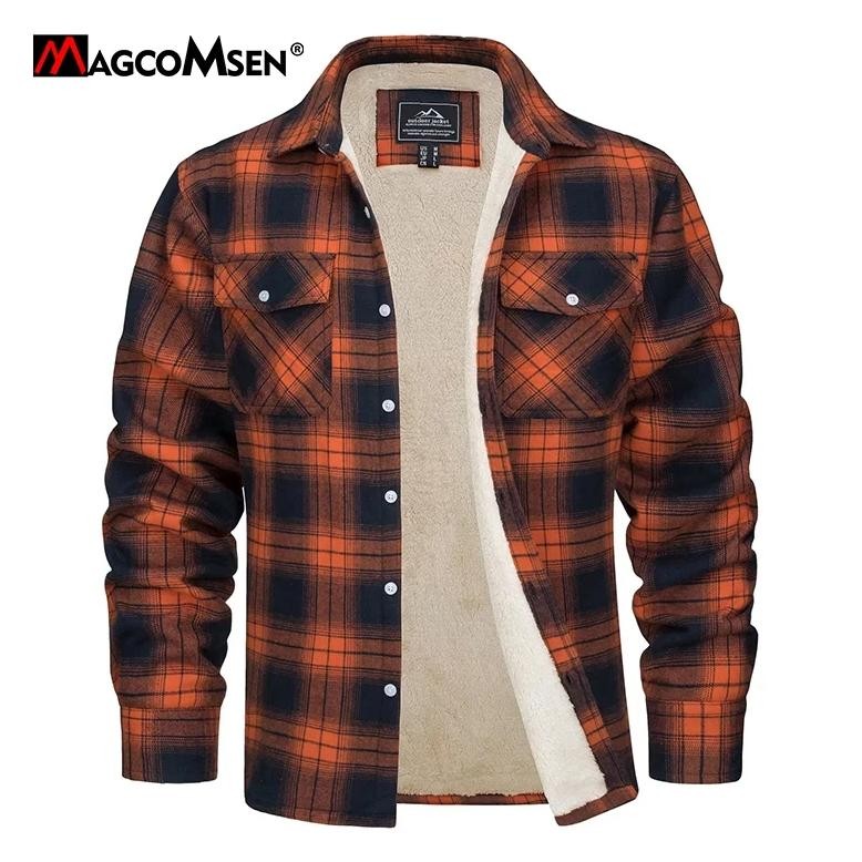 MAGCOMSEN Men's Fleece Plaid Flannel Shirt Jacket Button Up Casual Cotton Jacket Thicken Warm Spring