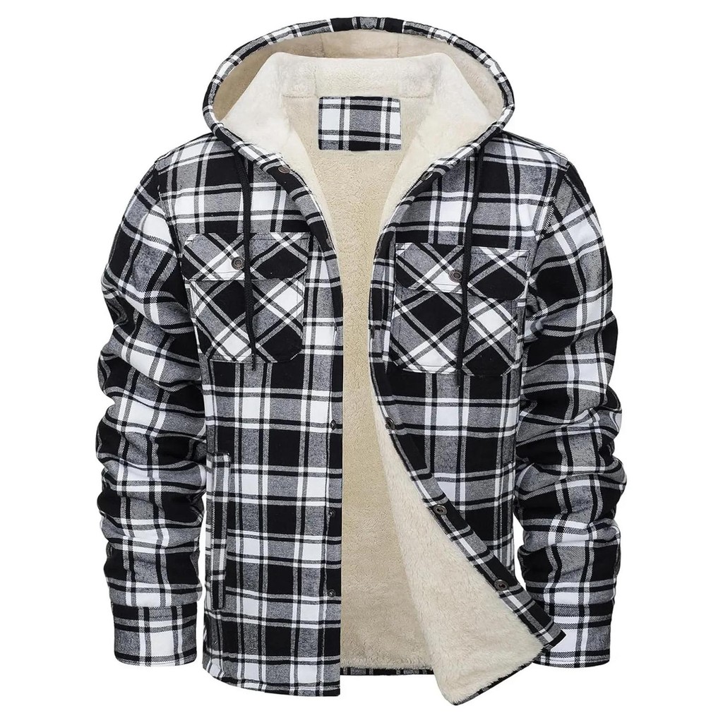 Thick Warm Flannel Hooded Jacket Mens Sherpa Fleece Lined Winter Coats Button Down Fashion Casual Pl