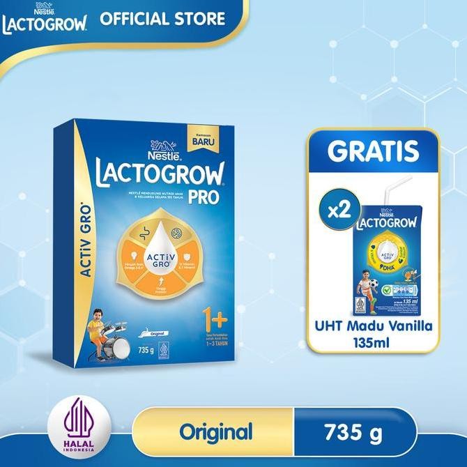 BARU NESTL LACTOGROW PRO 1+ PLAIN SUSU ANAK 1-3 TAHUN BOX 735G + FREE UHT MADU VANILLA 135ML 2PCS