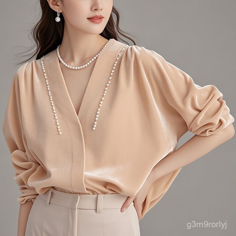 Women's New French Style Chic Patchwork Velvet Beaded Blouse/Top