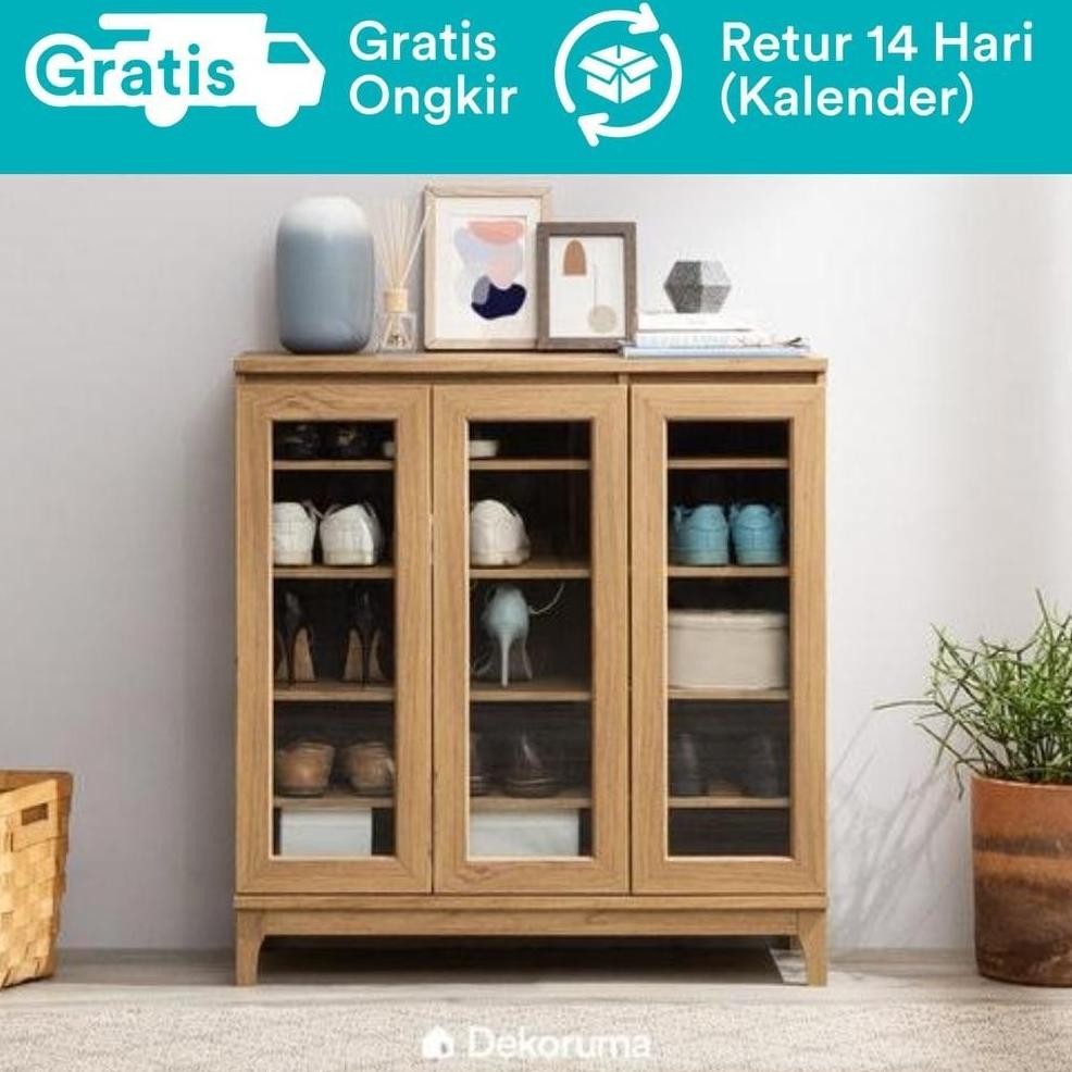 Nara Lemari Sepatu Kayu Olahan Rak 5 Susun Minimalis Shoe Cabinet 3 Pintu Kaca
