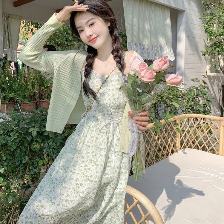 Sweet Fresh Fairy Style Super Fairy Mori Cardigan Women Summer Floral Strap Dress