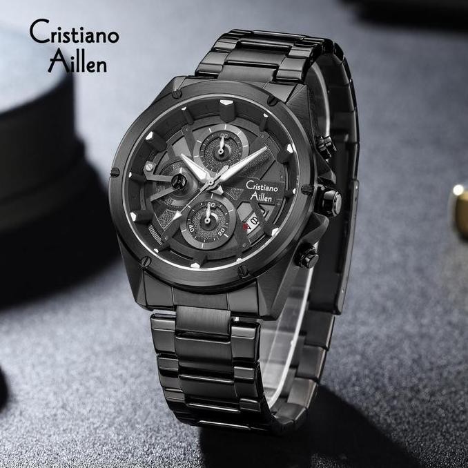 Murah Diskon Cristiano Aillen Jam Tangan Pria Analog 8895 Rantai Stainless Steel Chronograph Kaca Sa