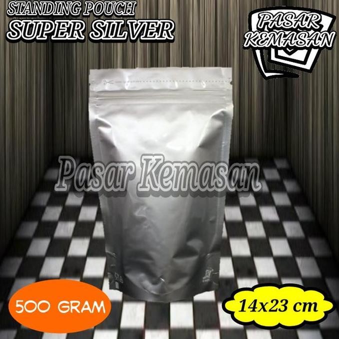 

STANDING POUCH SUPER SILVER 500 GRAM ZIPPER KEMASAN KOPI-BUBUK-SNACK