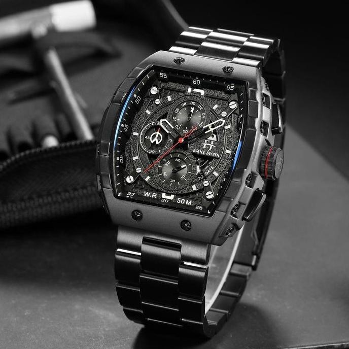 Grosir Diskon Jam Tangan   Evans Jayden Jam Tangan Pria 9554-1 Rantai Stainless Steel Kaca Sapphire 