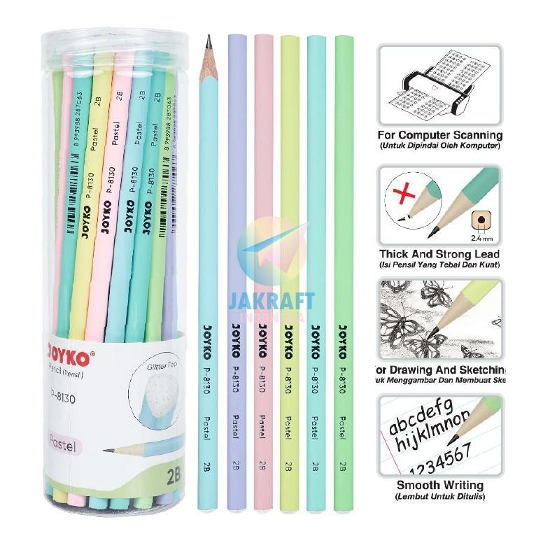 

(36 Pcs) Pensil Tulis 2B Warna Warni Pastel JOYKO P-8130 Souvenir Ultah Ulang Tahun Wedding Fancy
