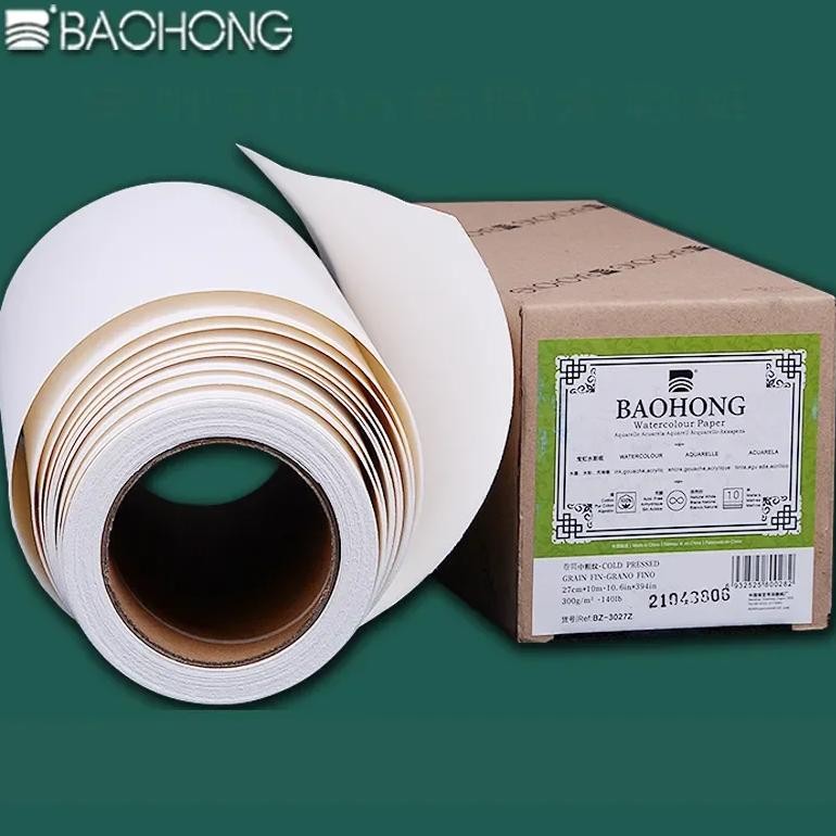 

Baohong Watercolor Paper Roll 300G Natural White 100% Cotton 10.6/14.6In*394In (27/37Cm*10M) Professional Paper Cold Press Rough