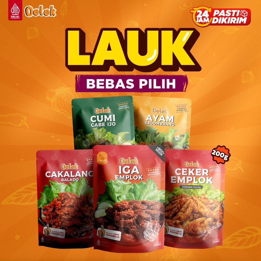 

Oelek Lauk Siap Saji Satuan Iga/Ayam Kecombrang/Cumi Cabe Ijo/Cakalang Balado/Cumi Jeletot