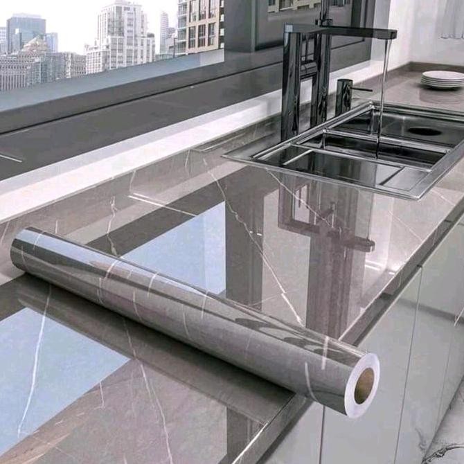 Promo Paket 3 roll Wallpaper Sticker Dinding Dapur Dan Kamar Mandi Marmer Hitam Glossy Anti Air Anti