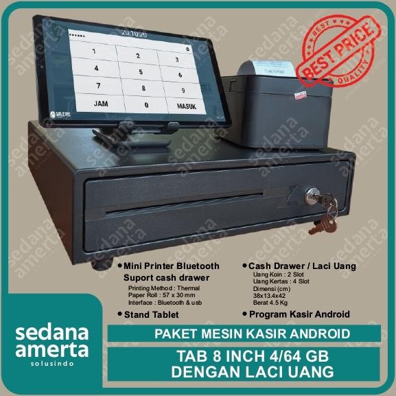 NEW Paket Mesin Kasir Android POS Tablet/Tab  8 Inch 4/64 GB - PAKET LENGKAP : Tab, Laci Uang/Cash d
