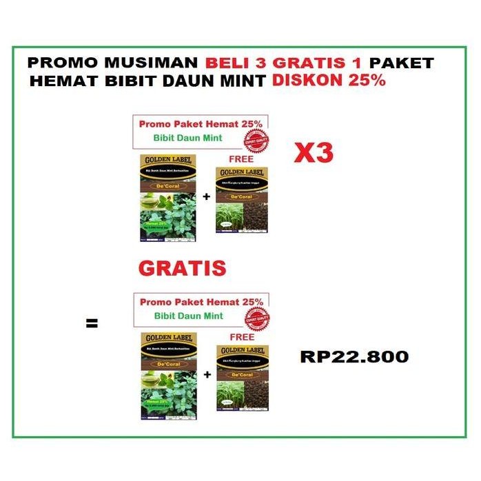 

Terlaris Promo Musiman Beli 3 Gratis 1 Paket Hemat Bibit Daun Mint Gratis Bibit Kangkung Diskon 25%