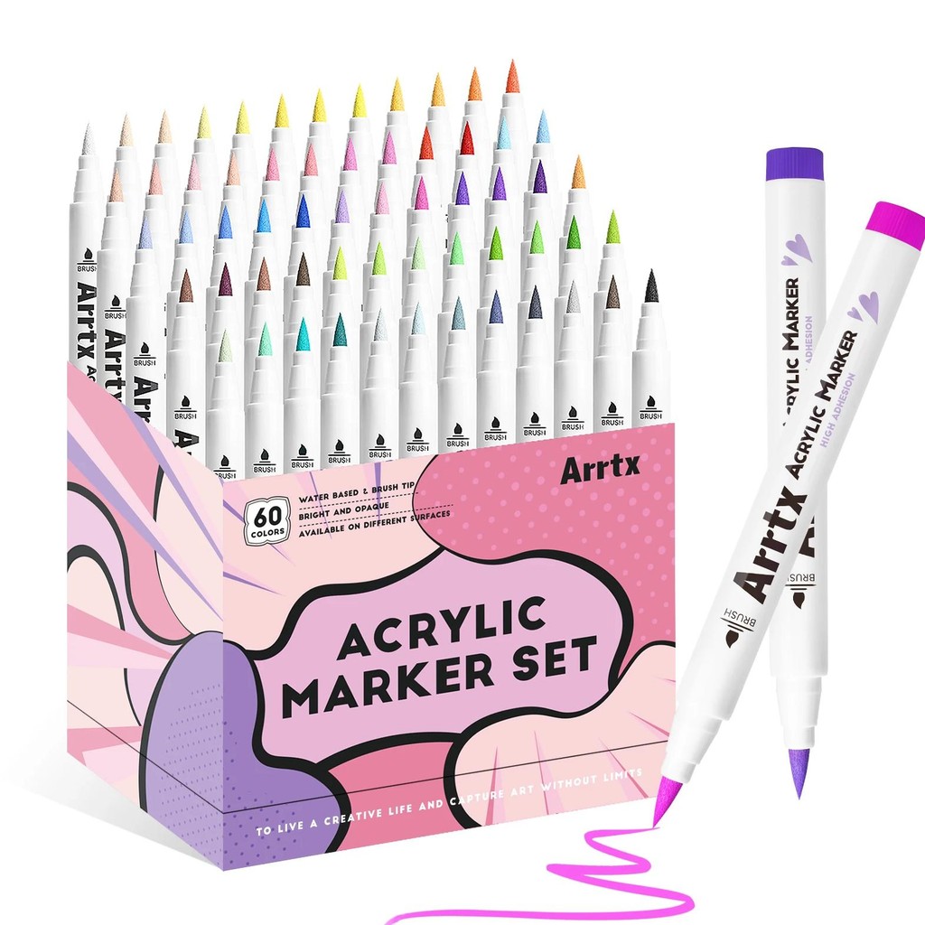 

Arrtx 60 Colors Paint Markers Paint Pens, Acrylic Markers Brush Tip For Rock Painting, Wood, Canvas, Diy Crafts Making