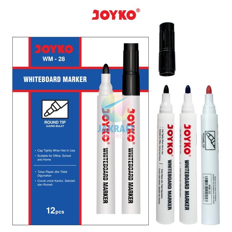 

RB (12 Pcs) GROSIR Spidol Papan Tulis & Kaca Bisa Dihapus JOYKO WM-28 Hitam Black | WM-29 Biru Blue | WM-30 Merah Red White Glass Board Marker | PACK