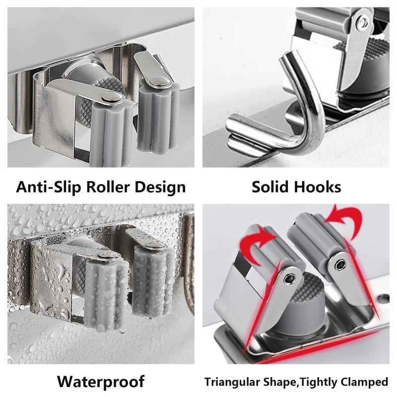 Gantungan Sapu Dan Pel Stainless Steel Tempat Gantungan Sapu 4 Slot 5 Kait Penjepit Gantungan Sapu