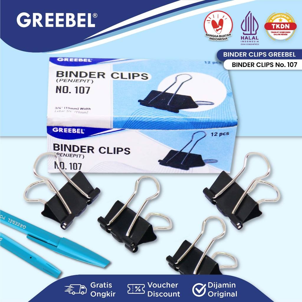 

GREEBEL Klip Kertas Binder Clip / Penjepit Kertas Hitam Besar Kecil 107 (19MM)
