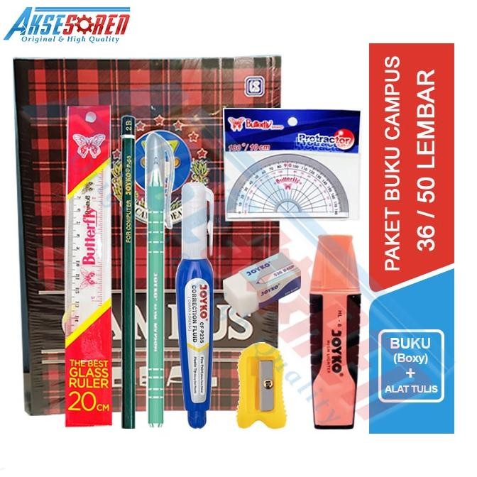 

READY STOCK Perlengkapan Paket Alat Tulis Ujian Sekolah Lengkap Joyko 1 Set / Buku Campus 50 58 Lembar / Buku Tulis Kampus 36 38 Penggaris Butterfly Rautan Pensil 2B Pulpen Jel Penghapus Besar Tipe X Joyko