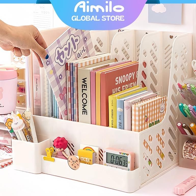 

READY STOK Aimilo Rak Buku Minimalis Aesthetic Tempat Buku Desktop Organizer File Serbaguna Box File Rak Buku Sekat Siap kirim