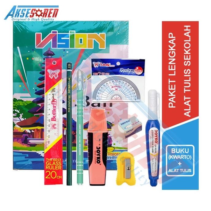 

Paket Alat Tulis Sekolah Anak [ TK / SD / SMP / SMA ] / 1 Set Alat Tulis Sekolah / Perlengkapan Alat Tulis Buku 58 Lembar / Buku Tulis 38 Rautan Pensil P-88 Pulpen Jel JK-100NT Penghapus Kecil Tipe X Highlighter Joyko