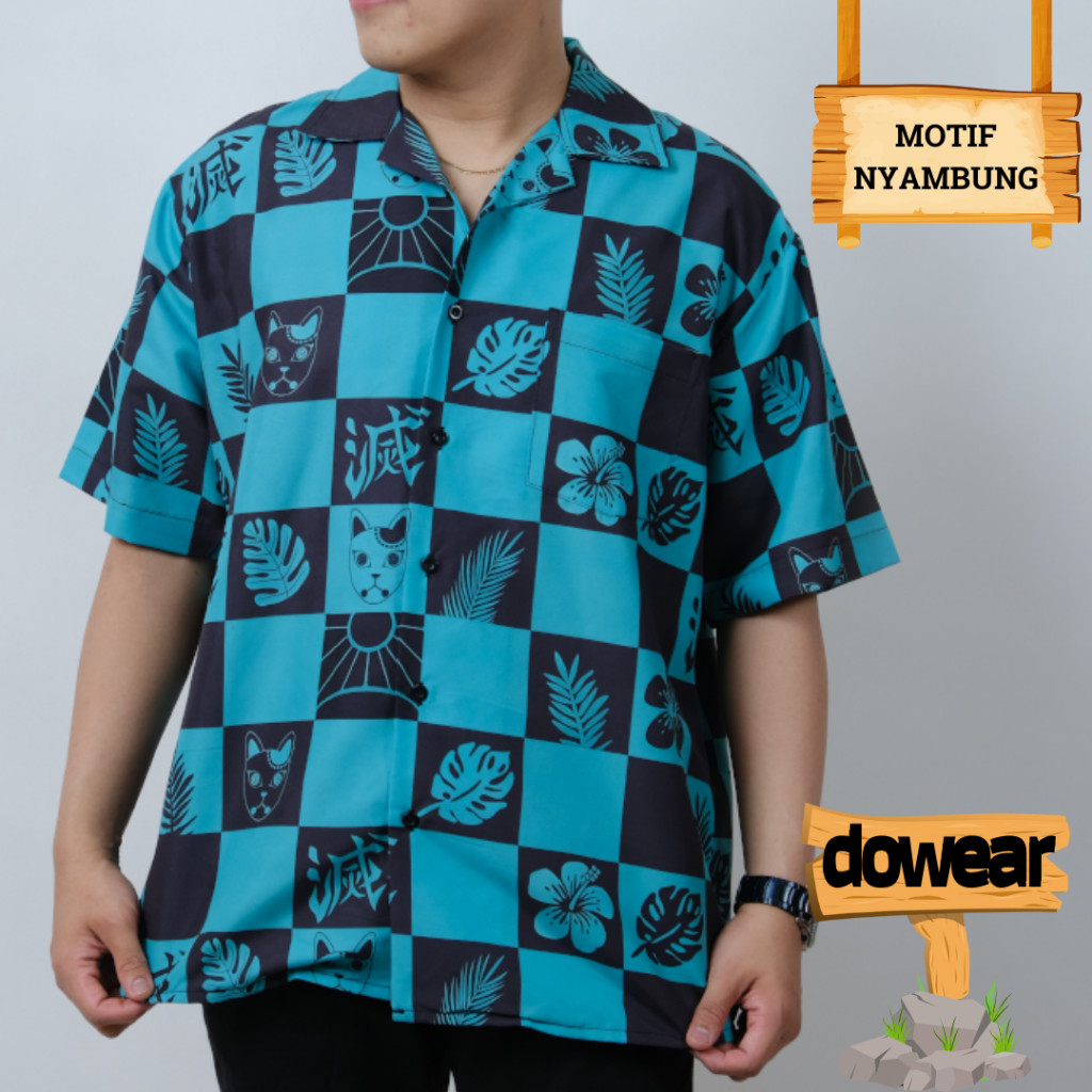 Dowear Baju Shirt Kemeja Lengan Pendek Anime Pria Motif Full Printing kartun TANJIRO HAWAI 912