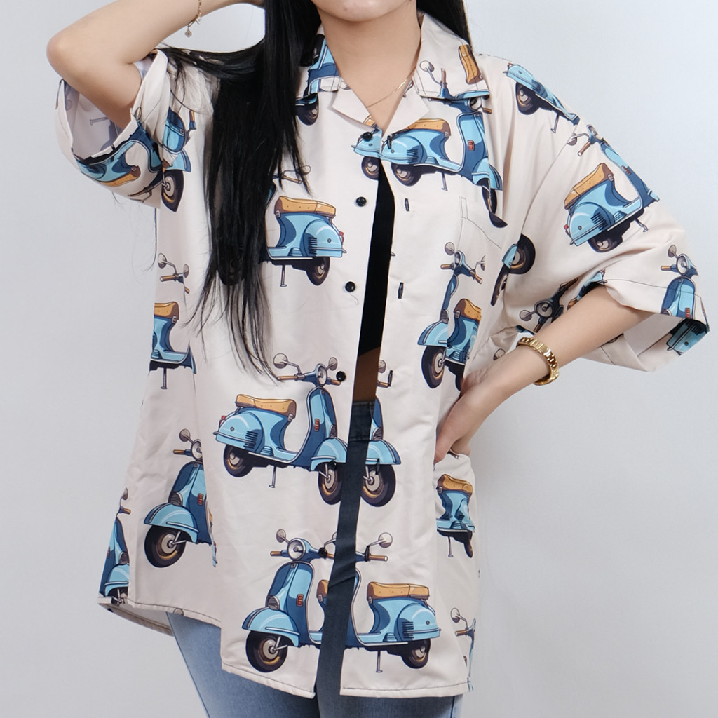 Dowear Baju Kemeja Santai Jumbo Pria Wanita Gambar Printing Hawaiian Lengan Pendek Vespa Antique 903