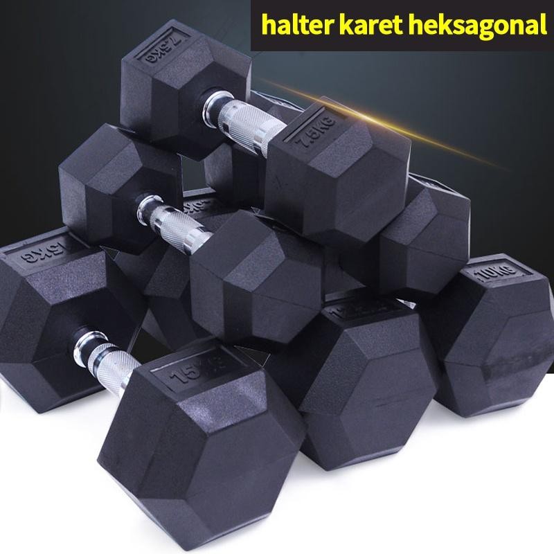Hex Rubber Dumbell Hitam 5 Kg/Dumbell Karet Hexagonal 5 Kg/Barbel Karet Segi Enam 5 Kg Jf Cabang Sur