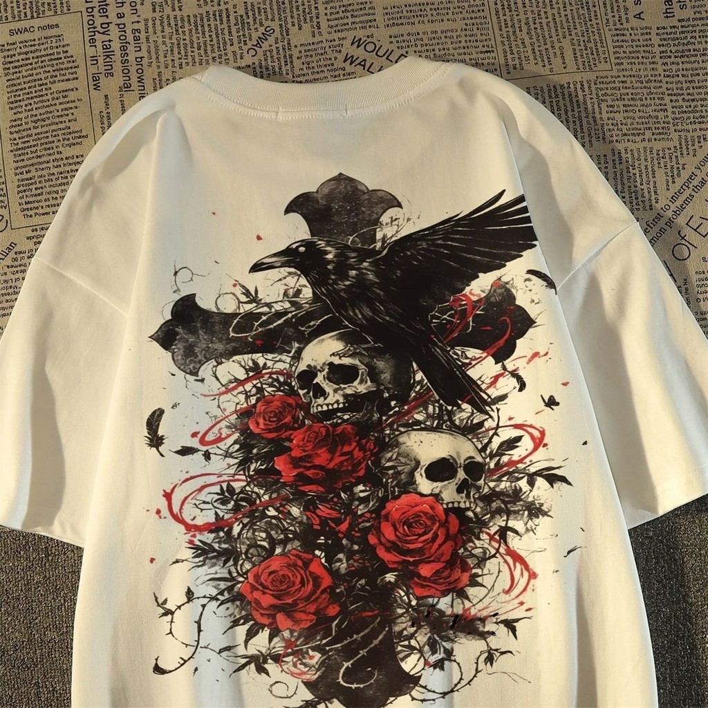 Motif Tengkorak Mawar Khas untuk Pria, Motif Tengkorak Mawar Musim Panas T Baju Kaos