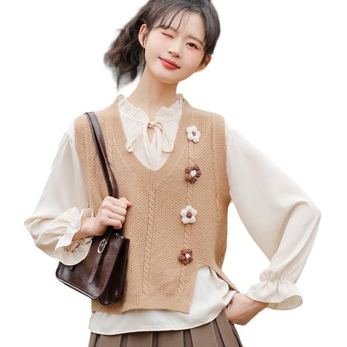 Outer Ataan Wanita Rajut Tanpa Lengan Lembut Fourflower Vet