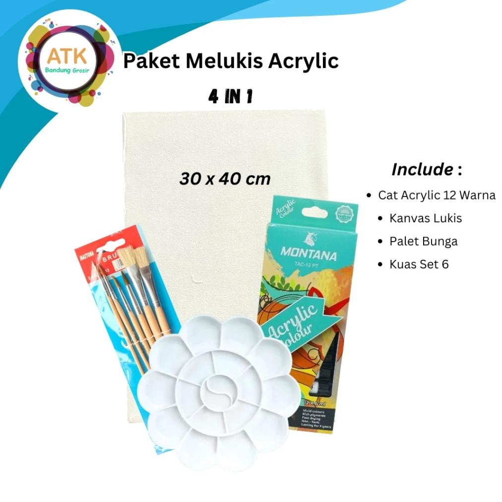 

NEW!!! Paket Melukis Lengkap Set 4 in 1Jumbo Set Kanvas 30x40 Kuas Palet dan Cat Acrylic - Set lukis