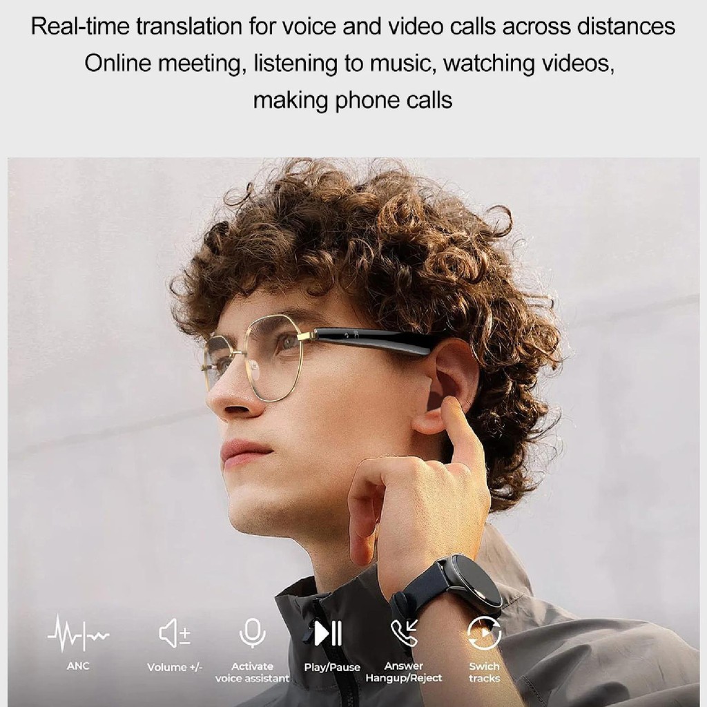 

AI Translation Glasses Bluetooth 163 Languages Real Time Voice Smart Translator Glasses with Anti Blue Light Lens for Music Call