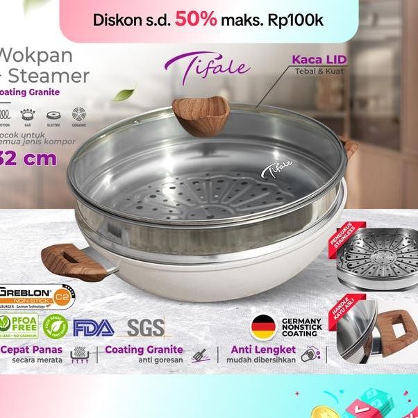 Tifale 2In1 White Wokpan Diameter 32Cm Glass Lid Granite Steamer Non Sti Alat Masak Wok Dengan Panci